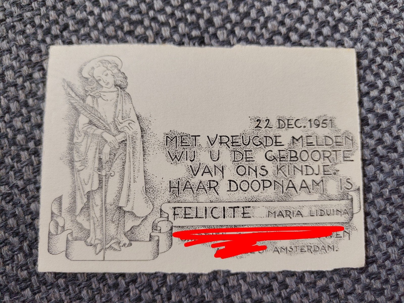 Religieus kaartje uit Amsterdam, Ophalen of Verzenden, Voor 1970, Geboortekaartje