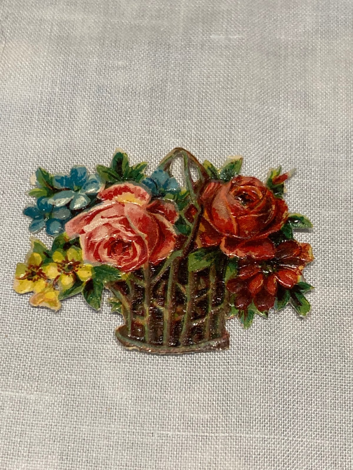 Antiek, poëzie plaatje, mandje, bloemen (221026), Ophalen of Verzenden
