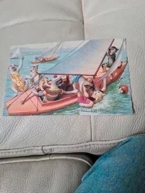 Oude fantasie kaart met katten in een zeilboot, Ophalen of Verzenden