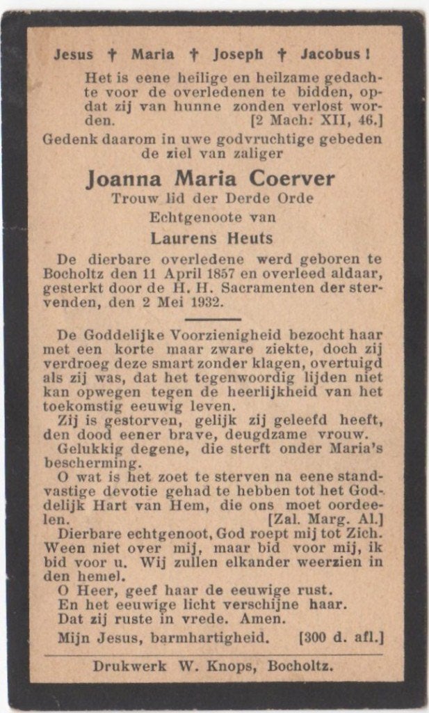 Joanna Maria Coerver 1857 Bocholtz + 1932 Bocholtz, 75 jaar, Ophalen of Verzenden