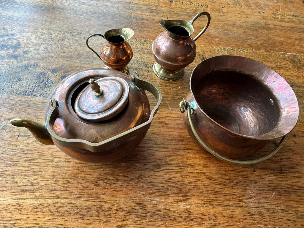 Miniatuur koperen theepot, pot en kannetjes - set van 4, Antiek en Kunst, Antiek | Koper en Brons, Ophalen of Verzenden, Koper