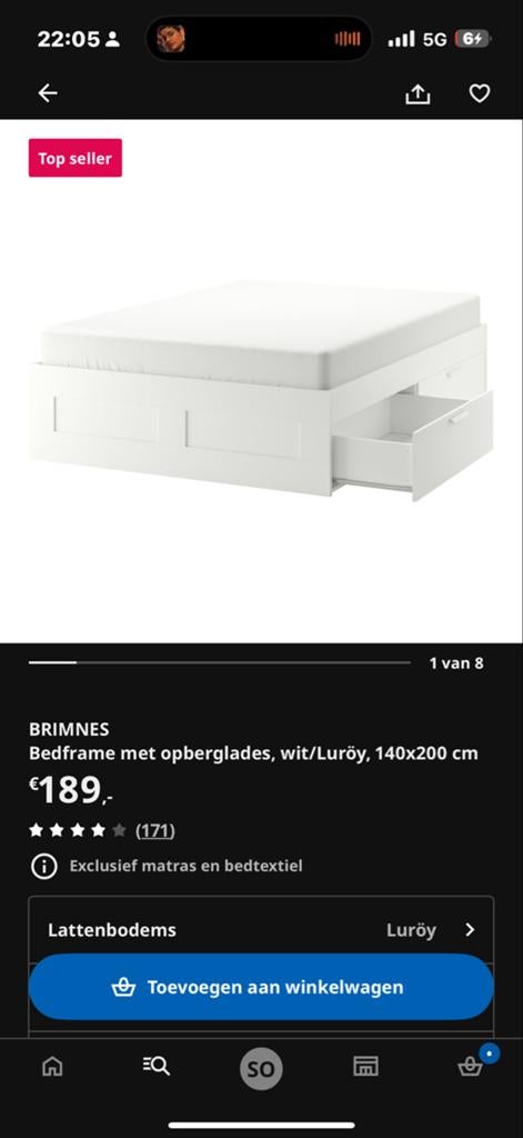 BRIMNES Bedframe met opberglades, wit, 140x200 cm, Ophalen, Gebruikt, Wit, Tweepersoons