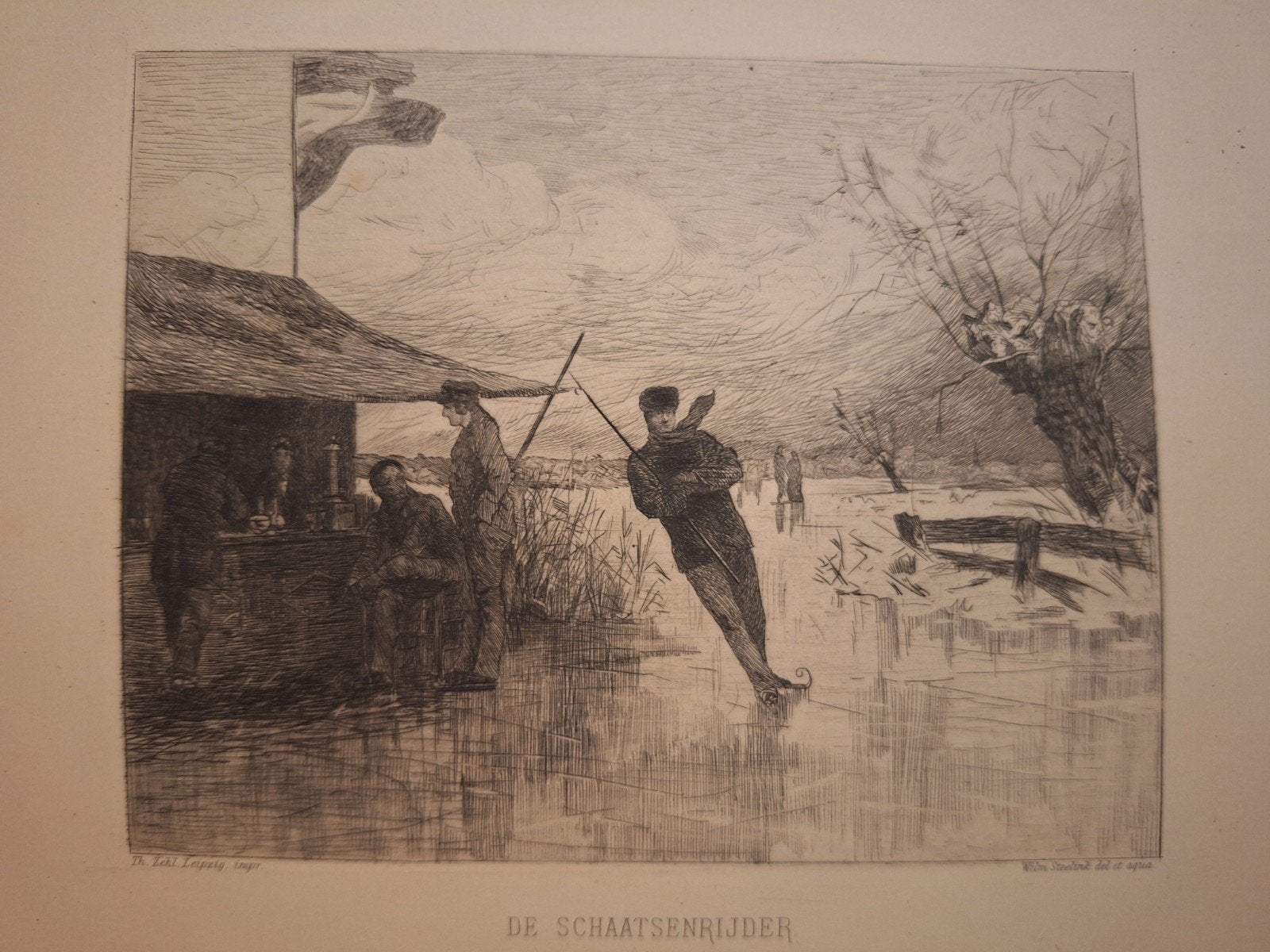 Gravure 'De Schaatsenrijder' door Wilm Steelink, Dagelijks leven, 1800 - 1899, Met tekst, Ophalen of Verzenden
