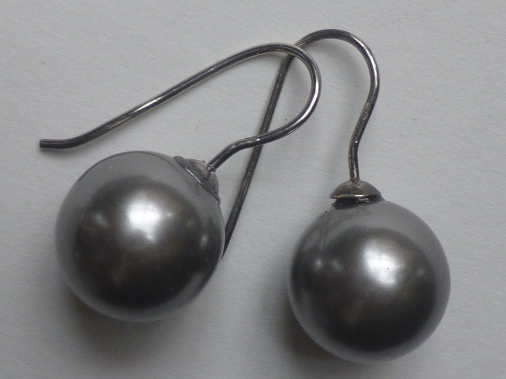 Zilveren Oorhangers met 15 mm grijze faux-Parels, Hangers, Verzenden, Zo goed als nieuw, Grijs
