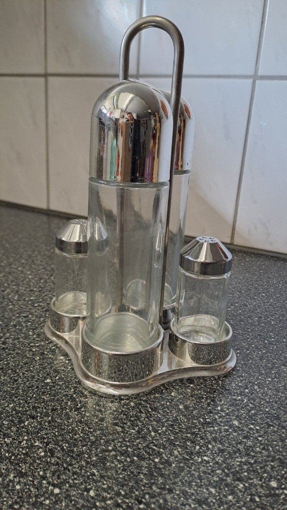 Stoha Design Olie en Azijnstel met Zout- en Pepervaatjes, Gebruikt, Onbekend, Zilver, Ophalen of Verzenden