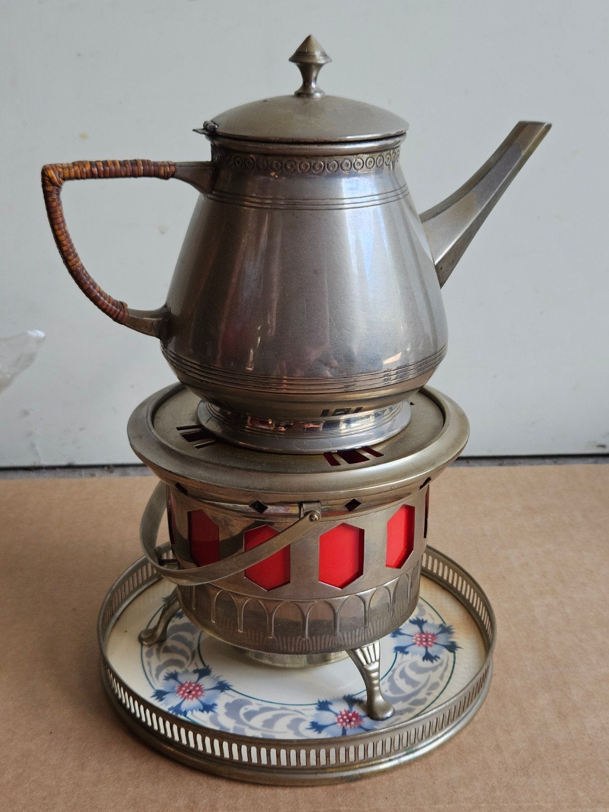 Antieke theepot met onderstel en brander - Daalderop, Ophalen of Verzenden
