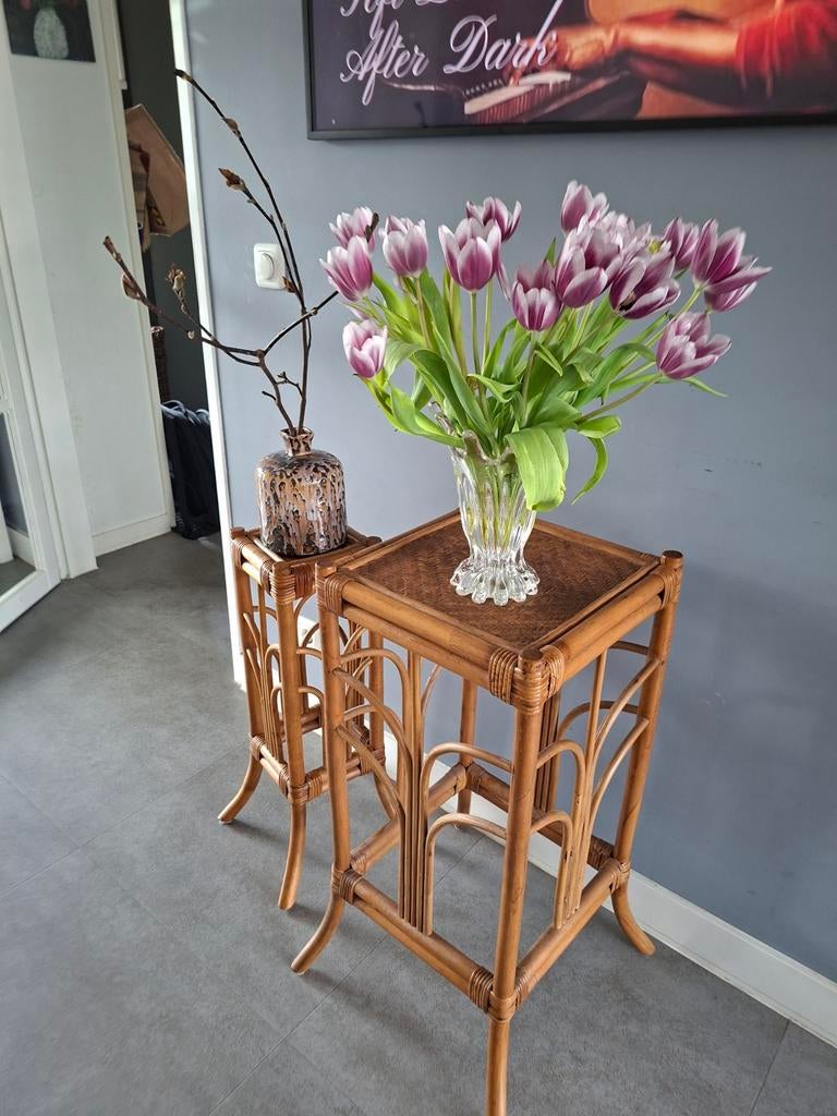 Set van 2 vintage bamboe plantentafels uit de jaren 60/70, Overige materialen, Vintage, Boho, Jaren 60, Jaren 70, Vierkant, Ophalen of Verzenden
