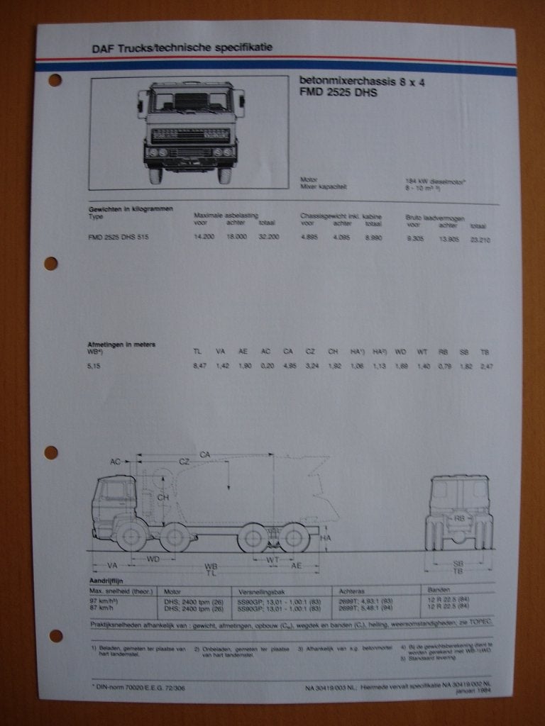 DAF FMD 2500 DHS Technische Specificatie Folder 1984 – 8x4, Ophalen of Verzenden, Zo goed als nieuw, Overige merken, DAF