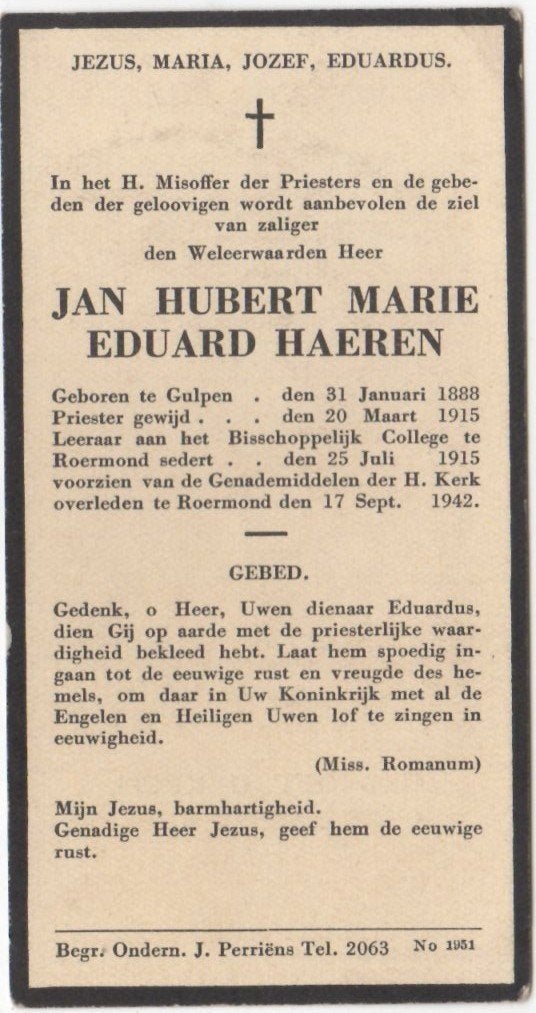 Priester Jan H.M.E Haeren 1888 Gulpen + 1942 Roermond, 54 jr, Ophalen of Verzenden