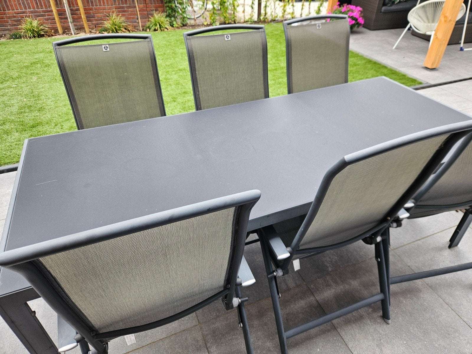 Tuinset Le Sud met glazen blad  en 6 verstelbare stoelen, Ophalen, Gebruikt, 6 zitplaatsen, Aluminium