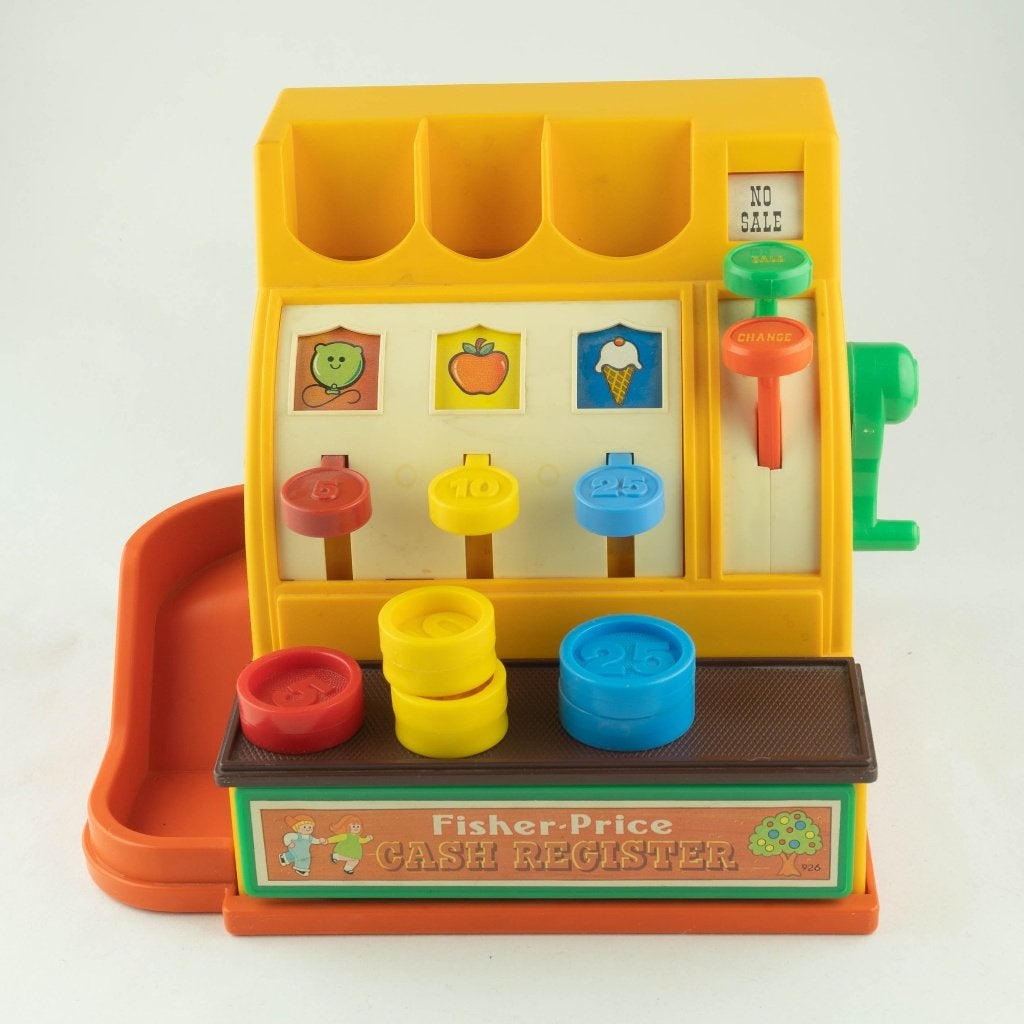 Vintage Fisher-Price speelgoedkassa (model 926) uit 1974., Speelset, Ophalen of Verzenden, Zo goed als nieuw, Nvt