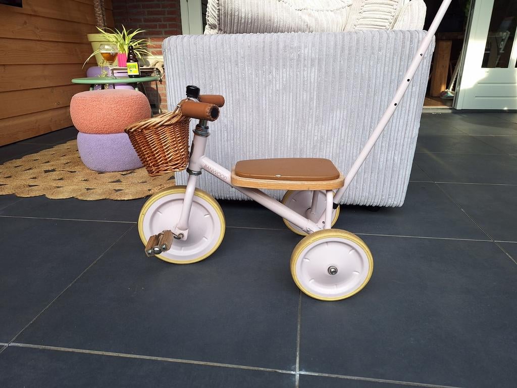 Banwood driewieler roze met duwstang en mandje, Fietsen en Brommers, Fietsen | Driewielfietsen, Ophalen, Gebruikt, Banwood