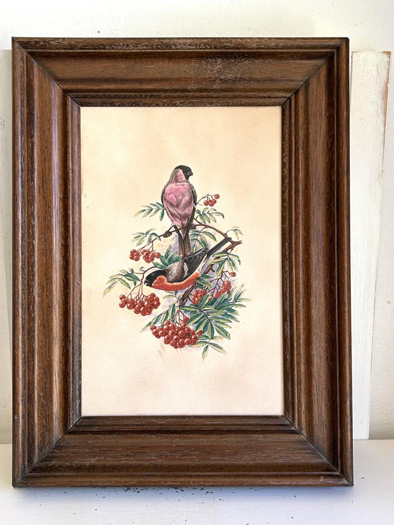 Vintage schilderij keramische tegel met vogel eiken lijst, Ophalen
