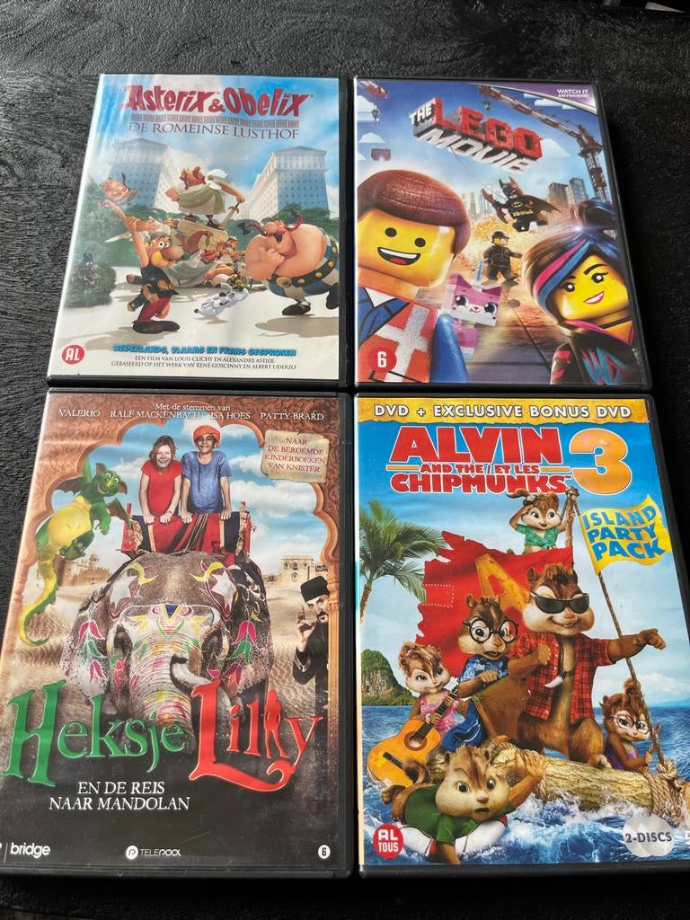 4x DVD: Asterix, Lego Movie, Heksje Lilly, Alvin en de Chipm, Gebruikt, Ophalen of Verzenden, Komedie, Vanaf 6 jaar