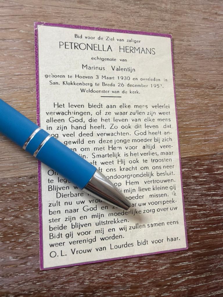 Hermans Petronella 1930 Hoeven 197 Breda x Valentijn, Ophalen of Verzenden, Bidprentje