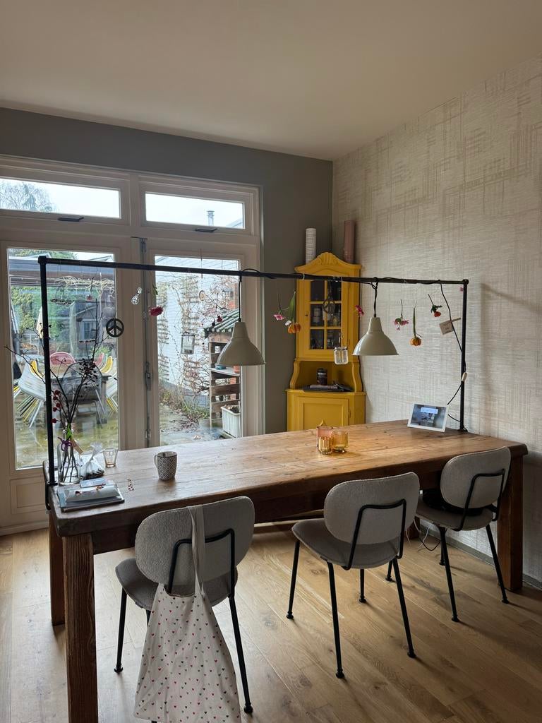 Grote gezellig Eettafel met stang en lampen, Gebruikt, 200 cm of meer, Vijf personen of meer, Rechthoekig