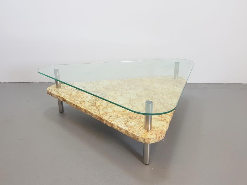 Vintage traingel brutalist salontafel marmer glas tafel '70, Ophalen, 100 tot 150 cm, N, Glas