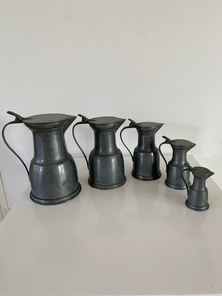 Antieke Tinnen Dekselkannen - 5 Stuks Peltrato 95%, Antiek en Kunst, Ophalen of Verzenden