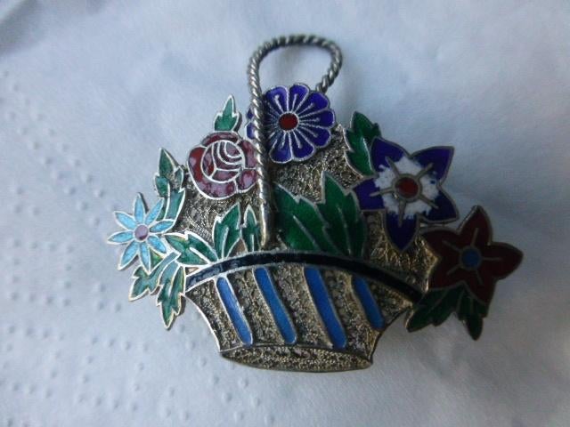 Antieke Zilveren Broche met Emaille ‘Bloemenmand’, Verzenden, Zilver, Broche
