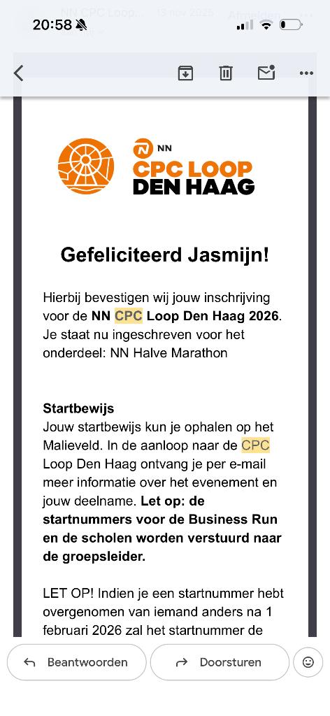 Startnummer CPC halve marathon, Eén persoon