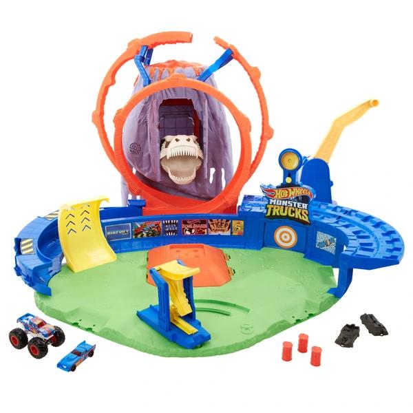 Hot Wheels Dino Monstertruck Racebaan + 2 Uitbreidingen, Kinderen en Baby's, Speelgoed | Racebanen, Ophalen, Racebaan, Zo goed als nieuw