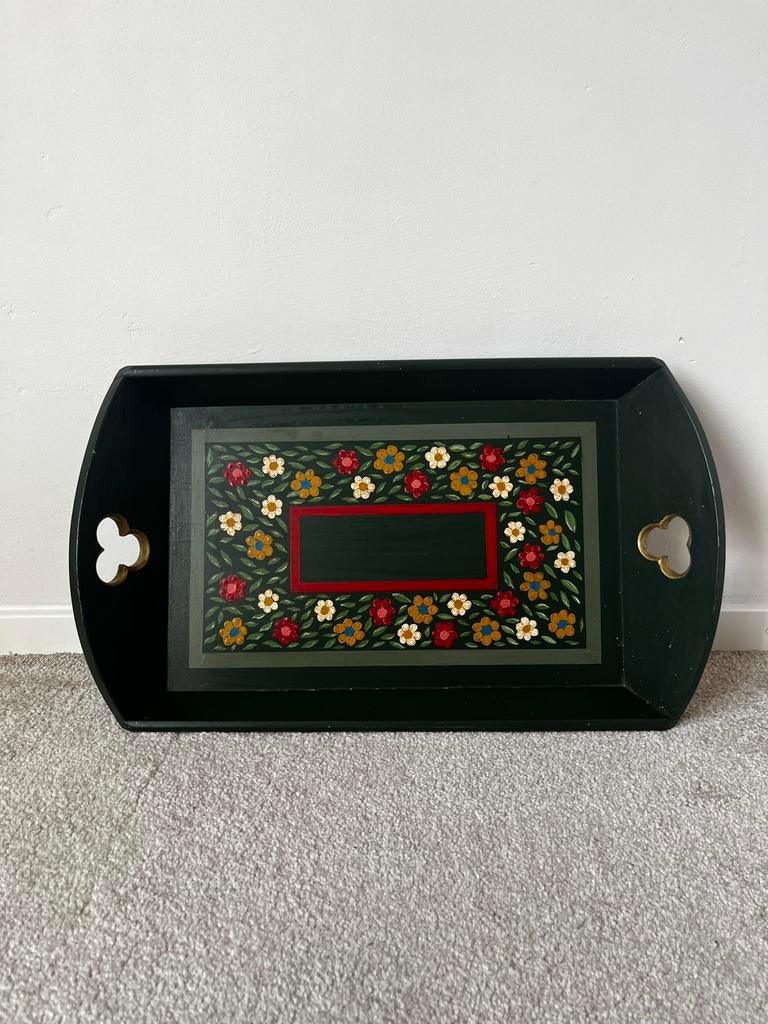 Prachtig vintage dienblad, 49x29,5cm. Boho bloem retro ibiza, Verzenden, Gebruikt, Rechthoekig, Hout