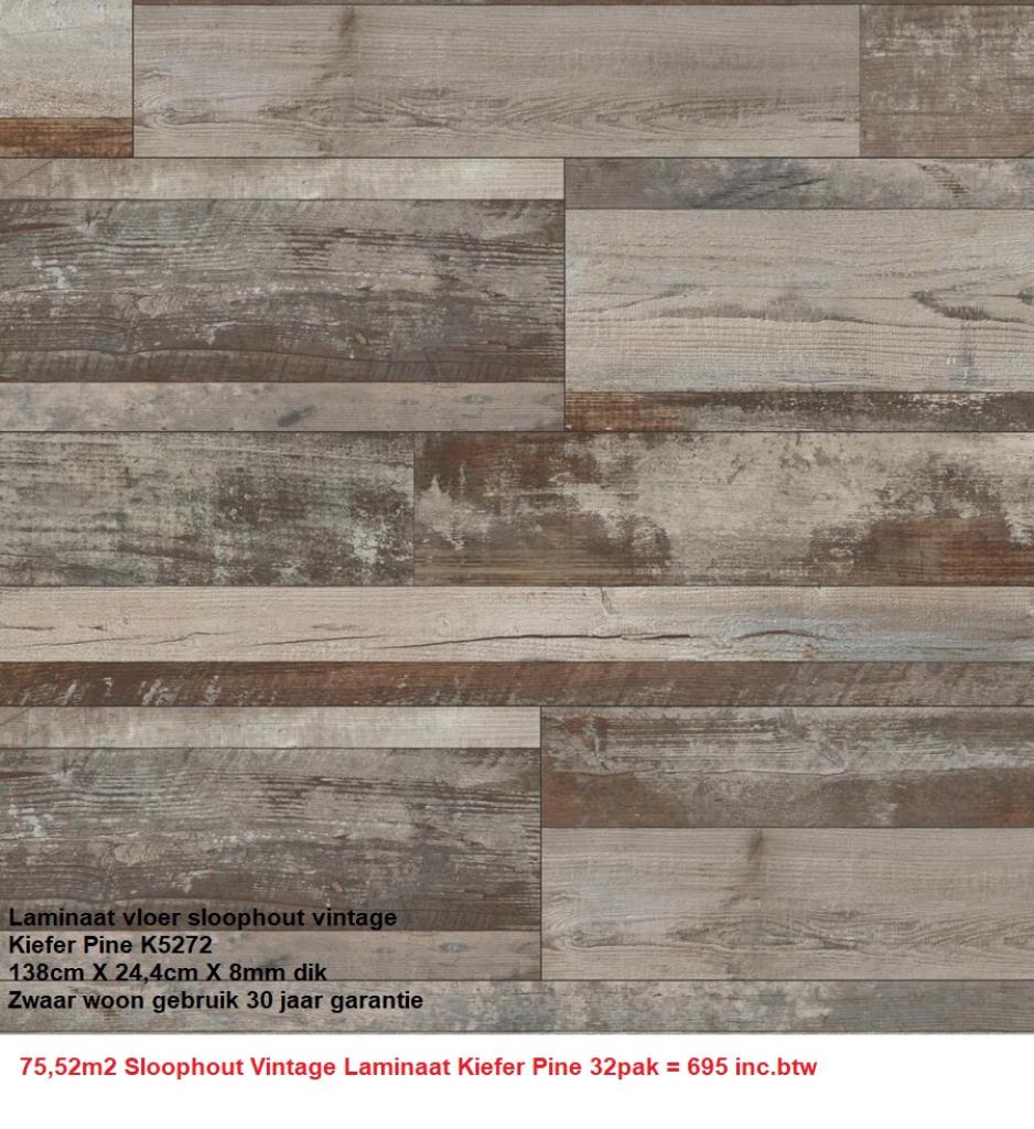 75,52m2 Sloophout Vintage Laminaat Kiefer Pine 32pak = €695, Vintage sloophout laminaat vloer extra brede plank, Nieuw, 25 tot 50 m²