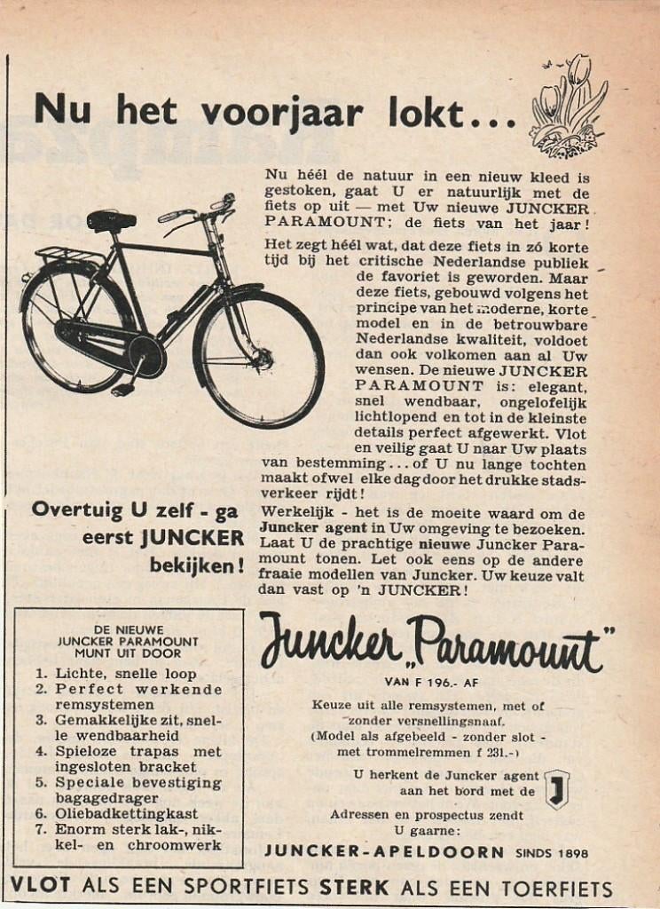 Retro reclame 1954 Juncker Apeldoorn fiets in voorjaar, Verzamelen, Verzenden, Overige typen