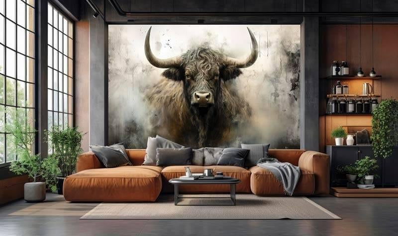 Fotobehang Behang - Schotse Hooglander in Industriële Stijl, Grijs, Ophalen of Verzenden, Schotse Hooglander, Minder dan 10 m²