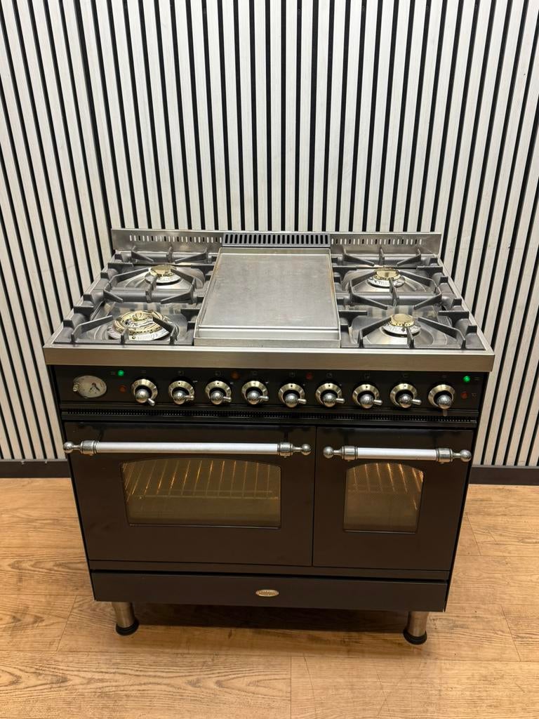 Luxe Boretti Fornuis 5pits antraciet met dubbele oven 90 cm, Fornello Esperta, Ophalen of Verzenden, Zo goed als nieuw, Energieklasse A of zuiniger