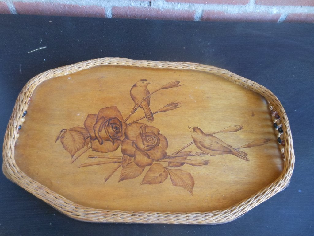 Houten dienblad met rieten rand en vogelmotief, Ophalen, Gebruikt, Dienblad, Ovaal