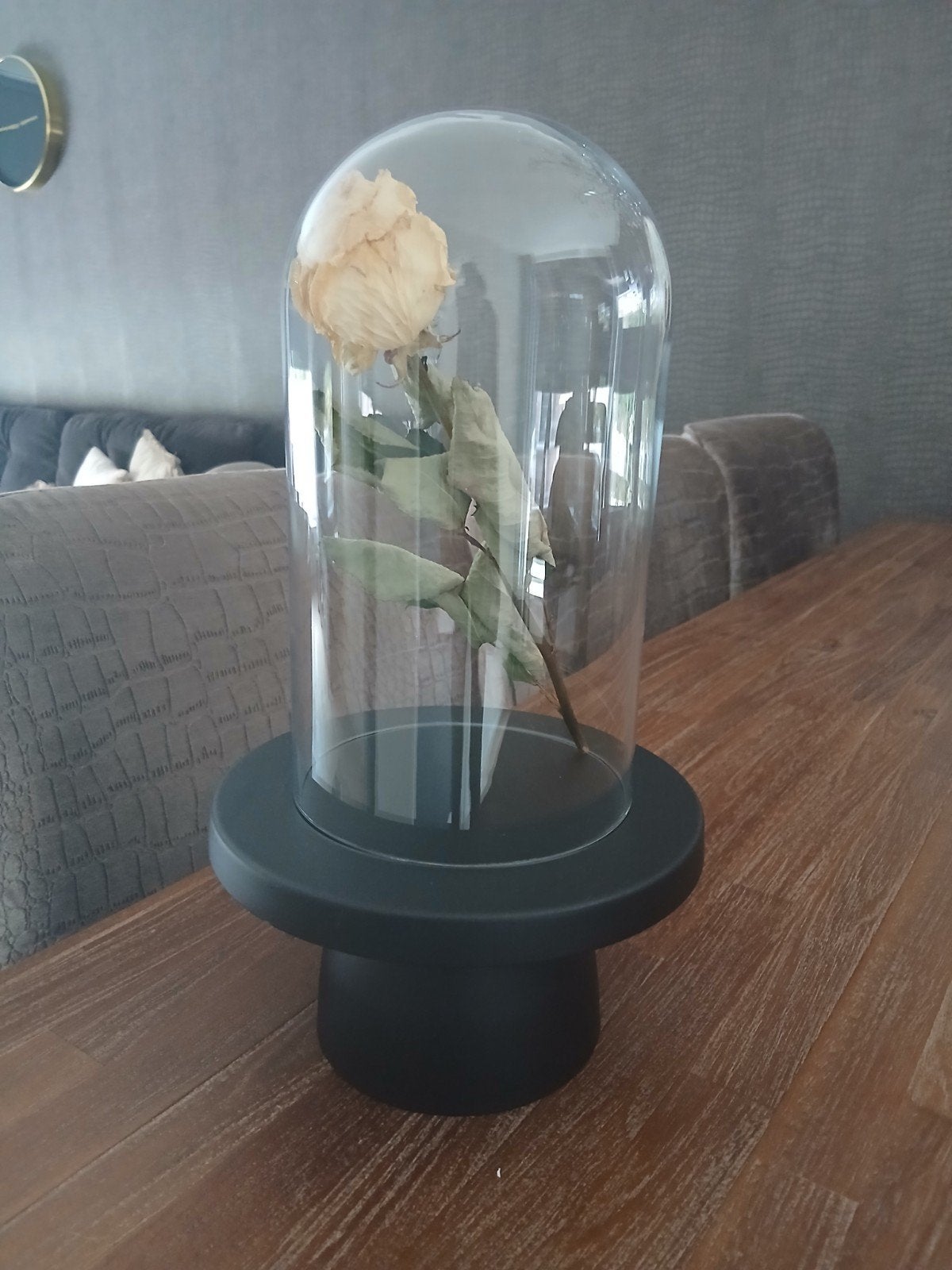 Glazen stolp met zwarte voet en gedroogde roos, Glas, Ophalen, Gebruikt, Inclusief decoratie
