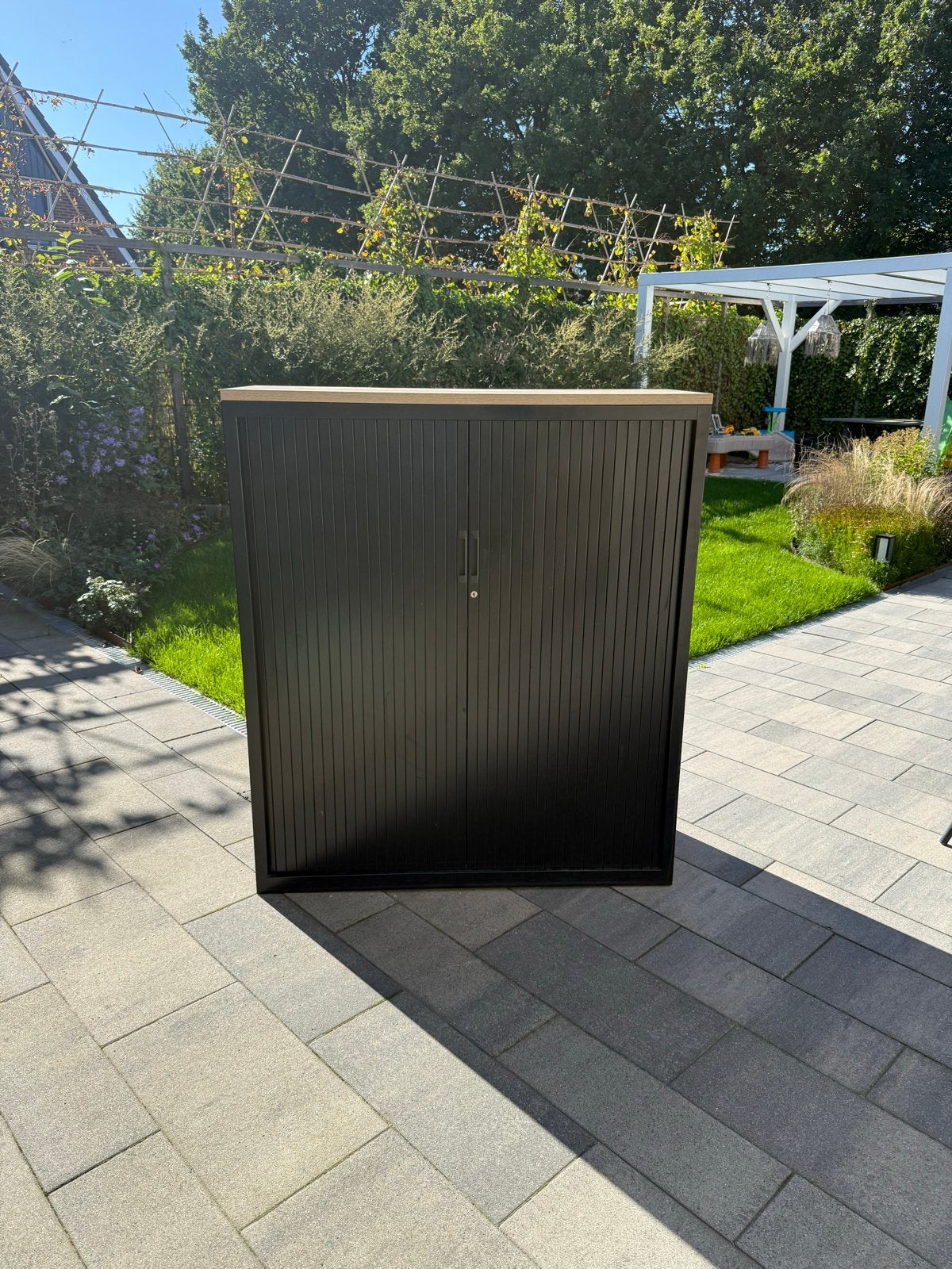 Zwarte Archiefkast met Houten Bovenblad - 140x120x45 cm, Ophalen, Gebruikt, 100 tot 150 cm, Meerdere deuren