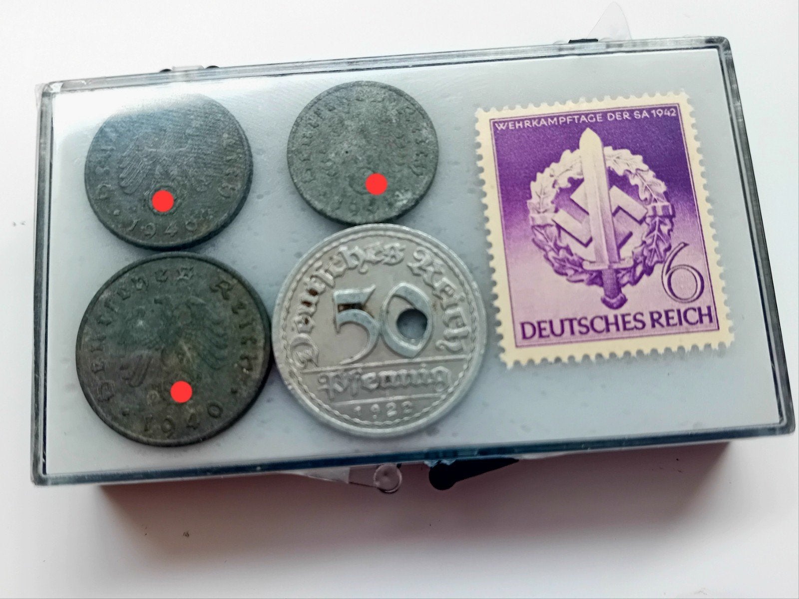 WO2 Reichspfennig Set - 4 Munten (Zink/Alu) & Postzegel, Verzamelen, Ophalen of Verzenden, Luchtmacht, Duitsland, Hulzen of Bodemvondsten
