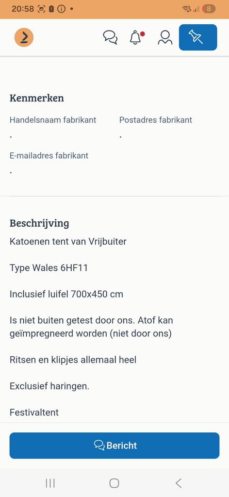 Katoenen tent van Vrijbuiter type wales 6HF11, Ophalen, Gebruikt, Tot en met 6