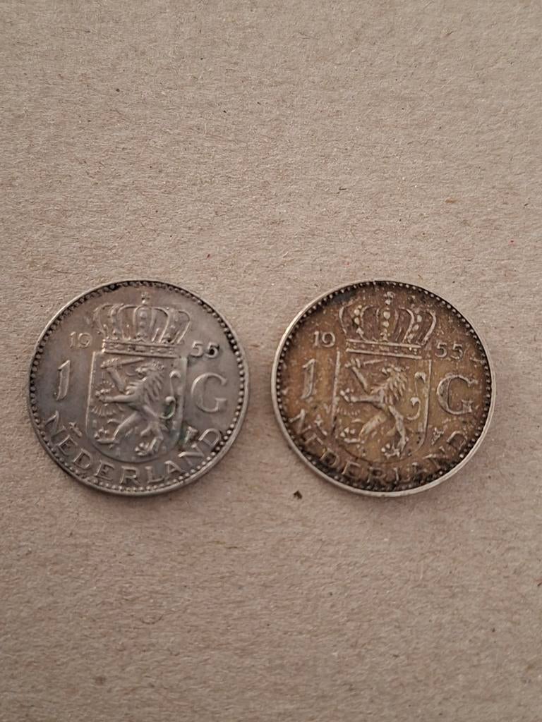 2x Zilveren 1 Gulden 1955 Nederland - Koningin Juliana, 1 gulden, Koningin Juliana, Setje, Zilver