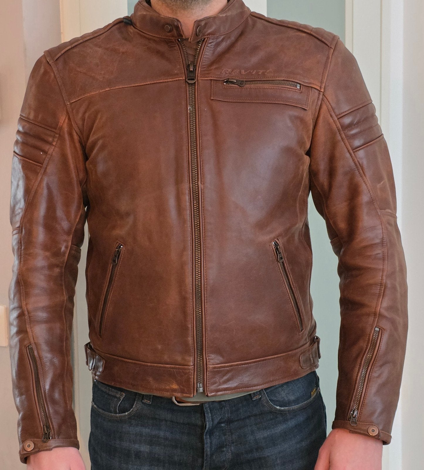 Revit Restless bruin leren motorjas - mt 52 + rugbeschermer, Ophalen, Revit REV’IT, Heren, Jas | leer