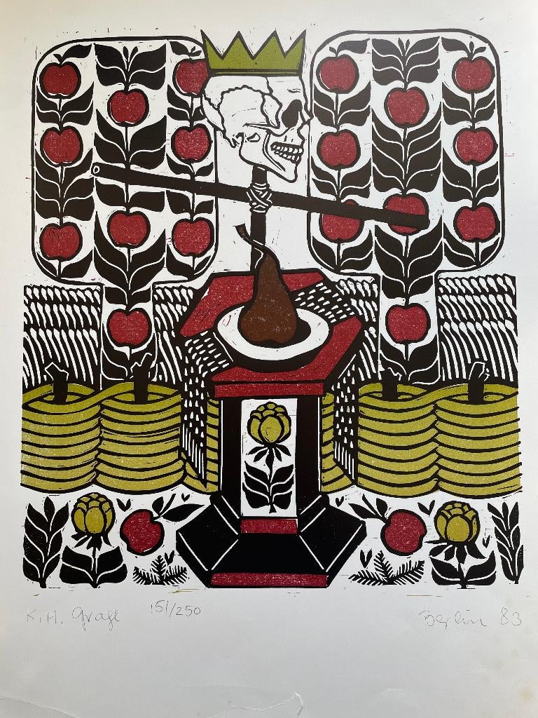 Karl-Heinz Grage Tod mit Äpfeln und Blumen 1983 gesigneerd, Antiek en Kunst, Kunst | Litho's en Zeefdrukken, Gesigneerd, Ophalen of Verzenden