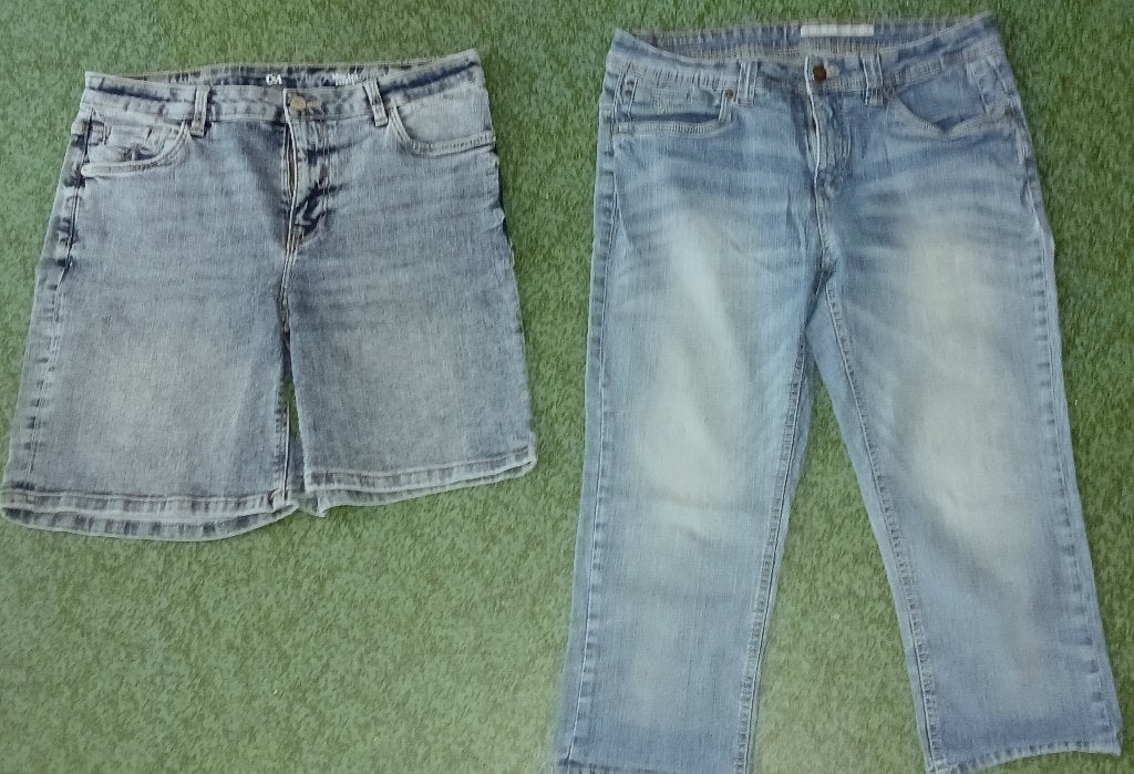 2 X denim jeans maat 42 (1X capri/1X shorts, Ophalen of Verzenden, Zo goed als nieuw, Blauw, W33 - W36 (confectie 42/44)