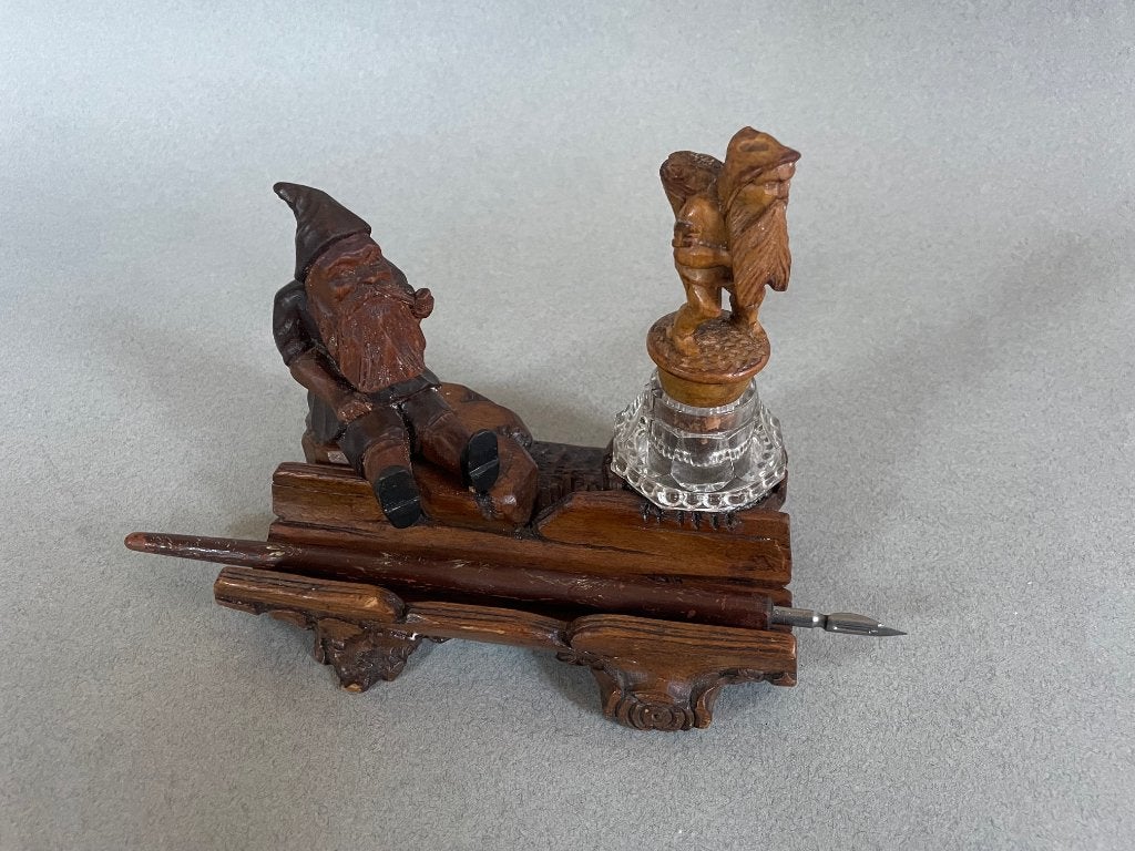 Zeer bijzonder antiek inktstel met houten kabouters, Ophalen of Verzenden