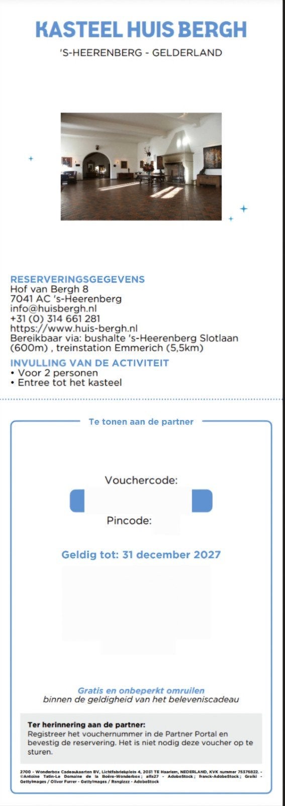 Kasteel Huis Bergh in 's-Heerenberg, voucher entree 2 x, Tickets en Kaartjes, Twee personen
