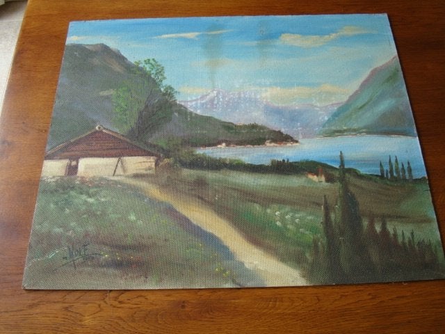 Schilderij "Berglandschap" Gesigneerd 'Wolf', Ophalen of Verzenden, Landschap