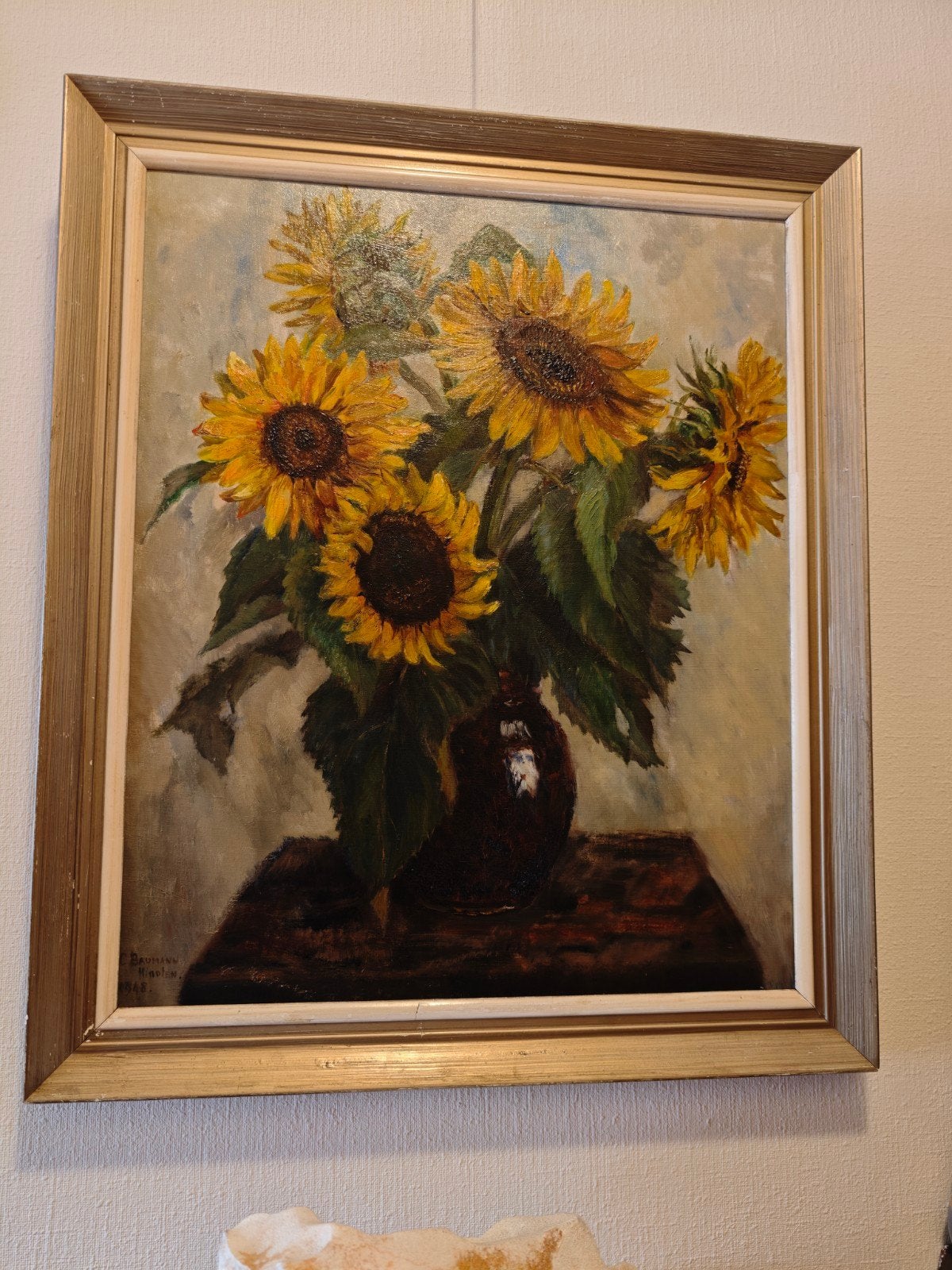 Schilderij Zonnebloemen van C. Baumann, Hinden, 1948, Bloemen, Doek, Realistisch, Gedateerd