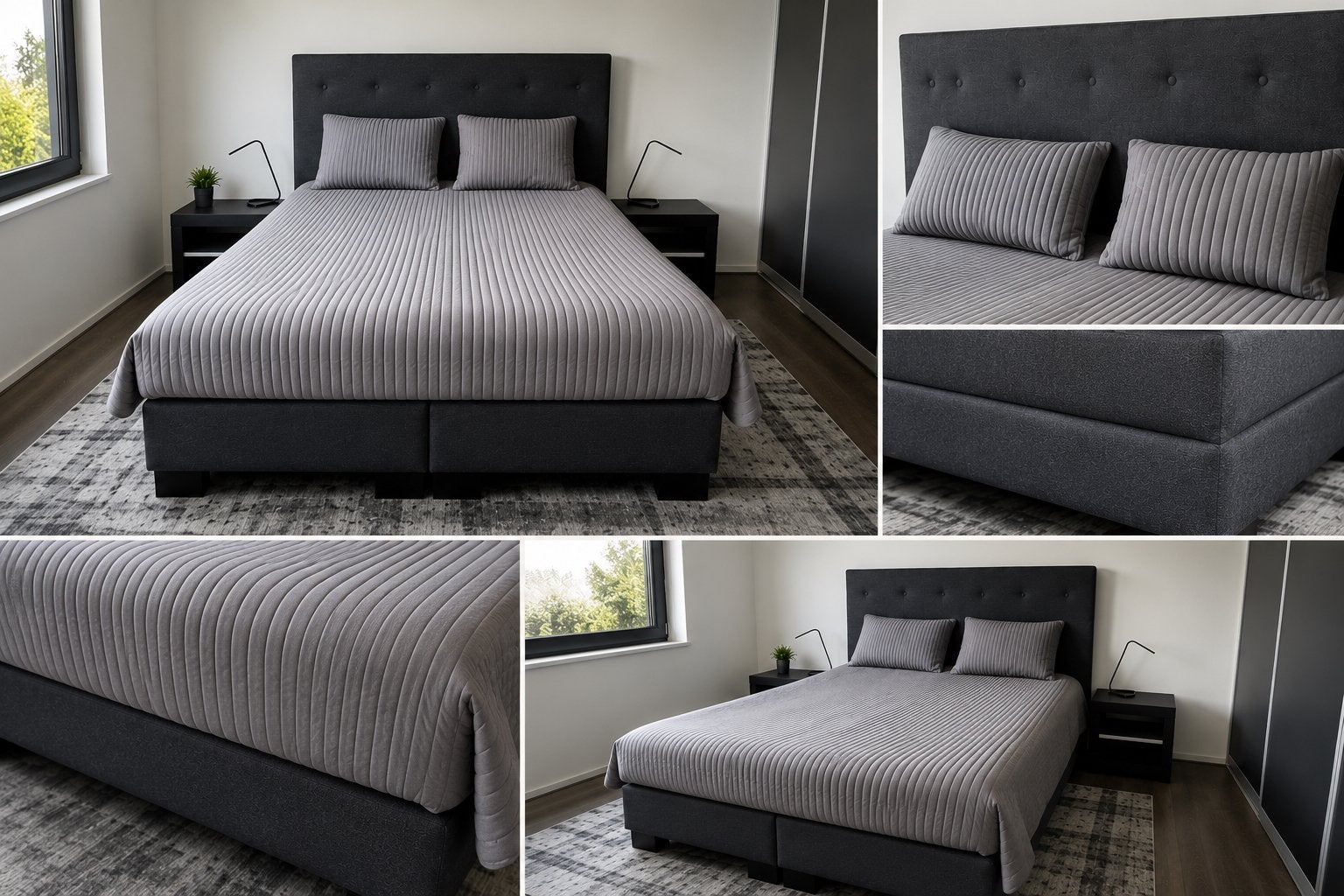 Luxe Boxspring Bed 160x200 cm – Antraciet met nachtkastjes, Ophalen, Tweepersoons, Zo goed als nieuw, 200 cm