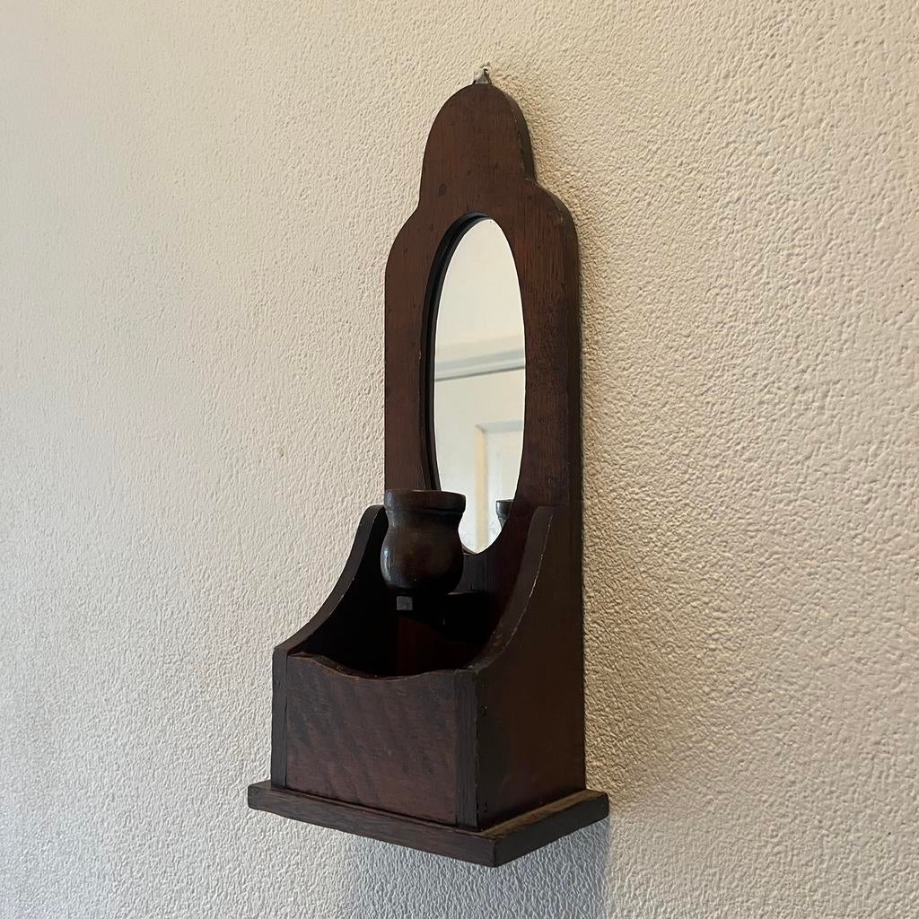 Vintage houten wand kandelaar met spiegel, Ophalen of Verzenden, Rechthoekig, Minder dan 50 cm