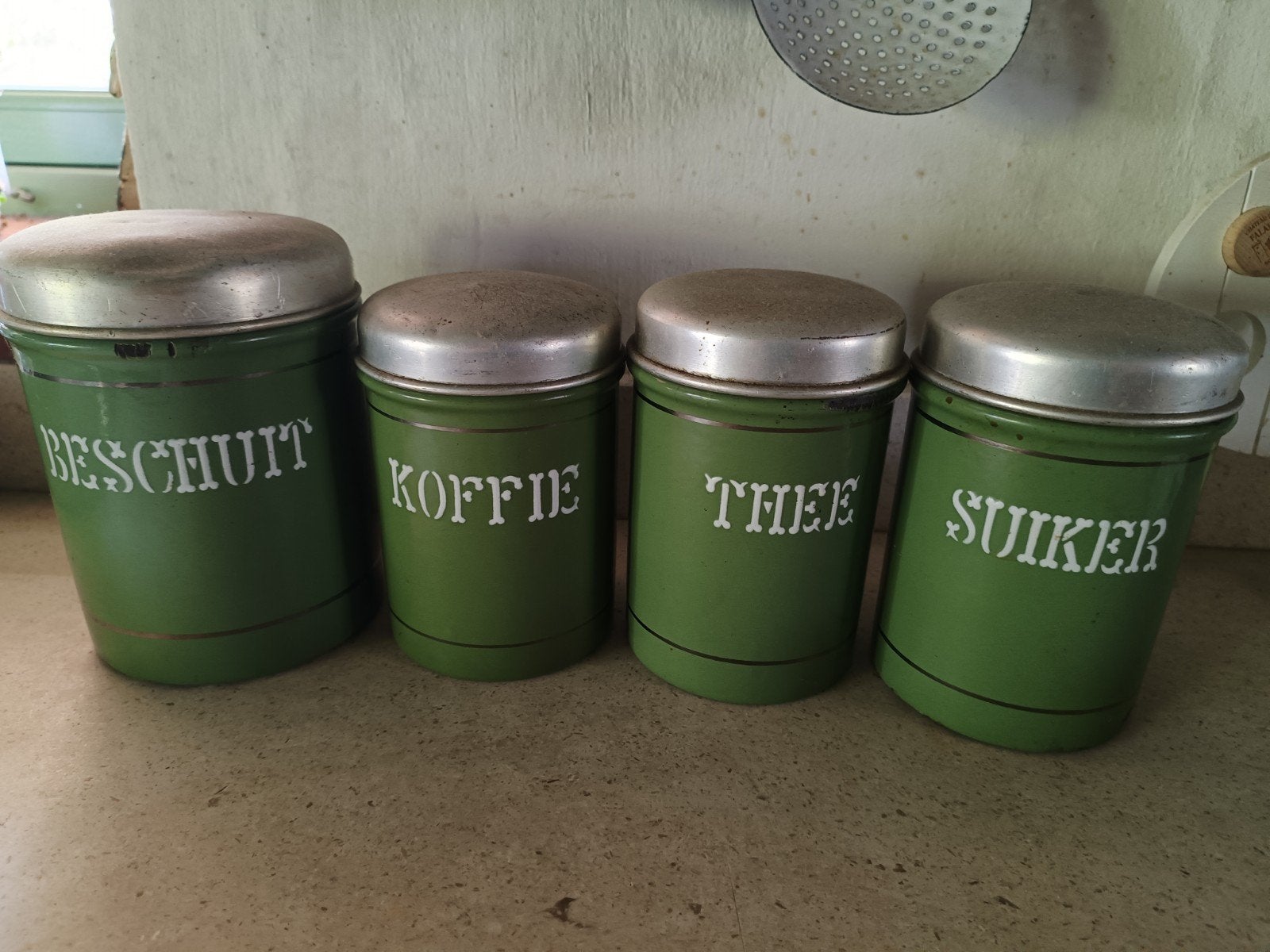 Vintage voorraadblikken set (4 stuks) - groen emaille, Ophalen of Verzenden