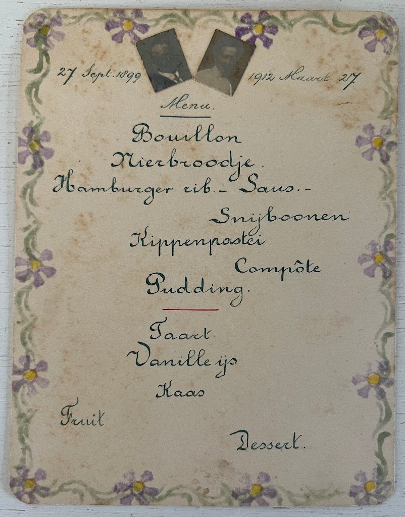 Oude foto/menukaart 12,5 jarig huwelijk (1912), Gebruikt, Foto, Ophalen of Verzenden, Voor 1940