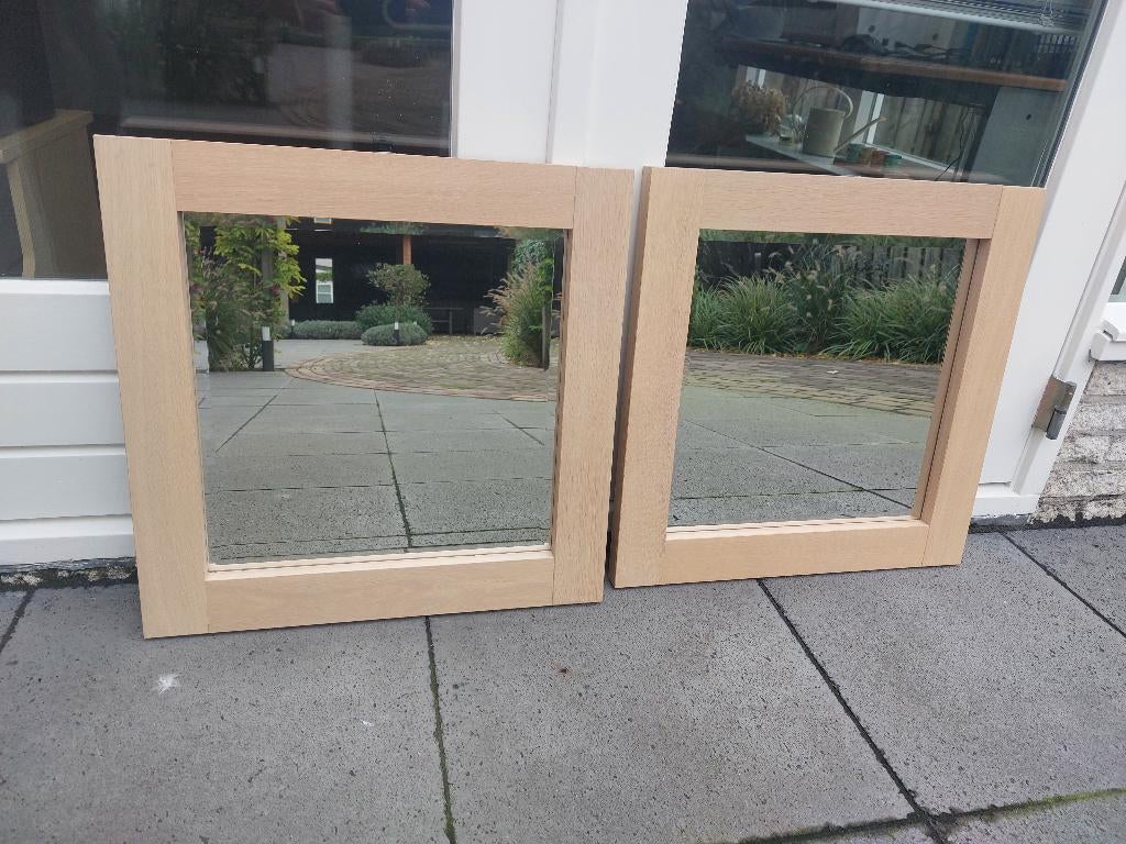2 Spiegels - Eikenhout - White Wash - 58x58 cm, Ophalen, Vierkant, Zo goed als nieuw, Minder dan 100 cm
