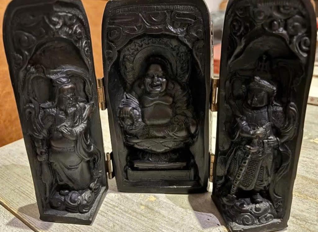 Boeddha driedelig reisaltaar - houtgesneden -, Antiek en Kunst, Antiek | Religie, Ophalen of Verzenden