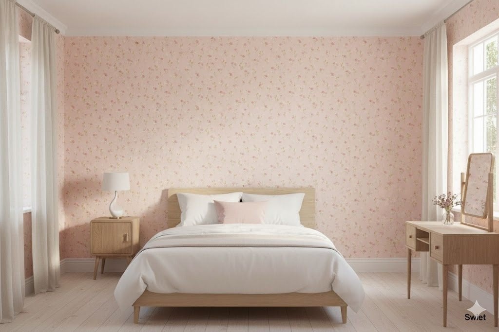 7182 zacht romantisch roze vintage veldbloemen behang swiet, Huis en Inrichting, Stoffering | Behang, Verzenden, Groen